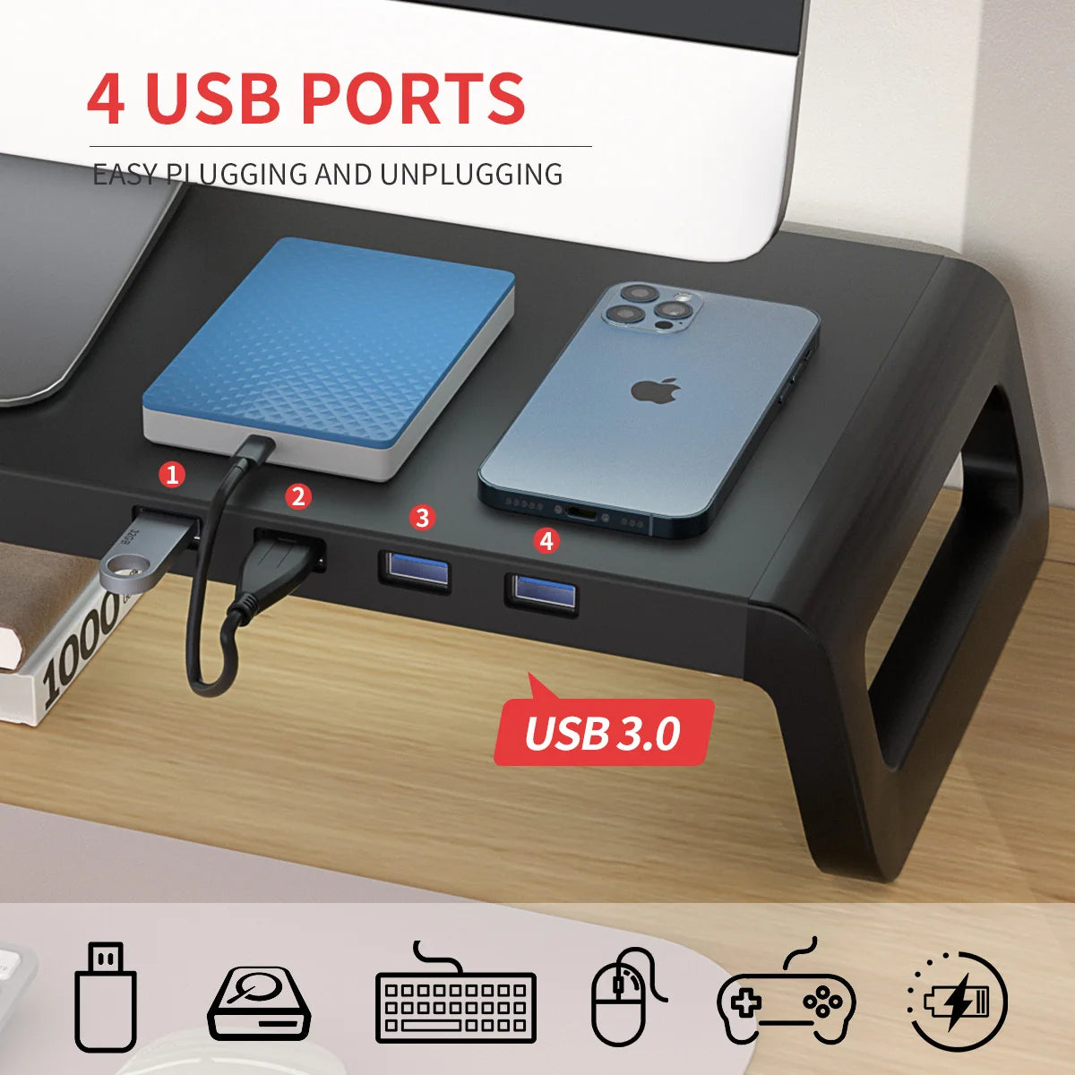 PC Monitor Stand Riser with USB 3.0 Hub Aluminium Alloy Desktop Support Monitor Keyboard Mouse Organizer Assembly Tool Included